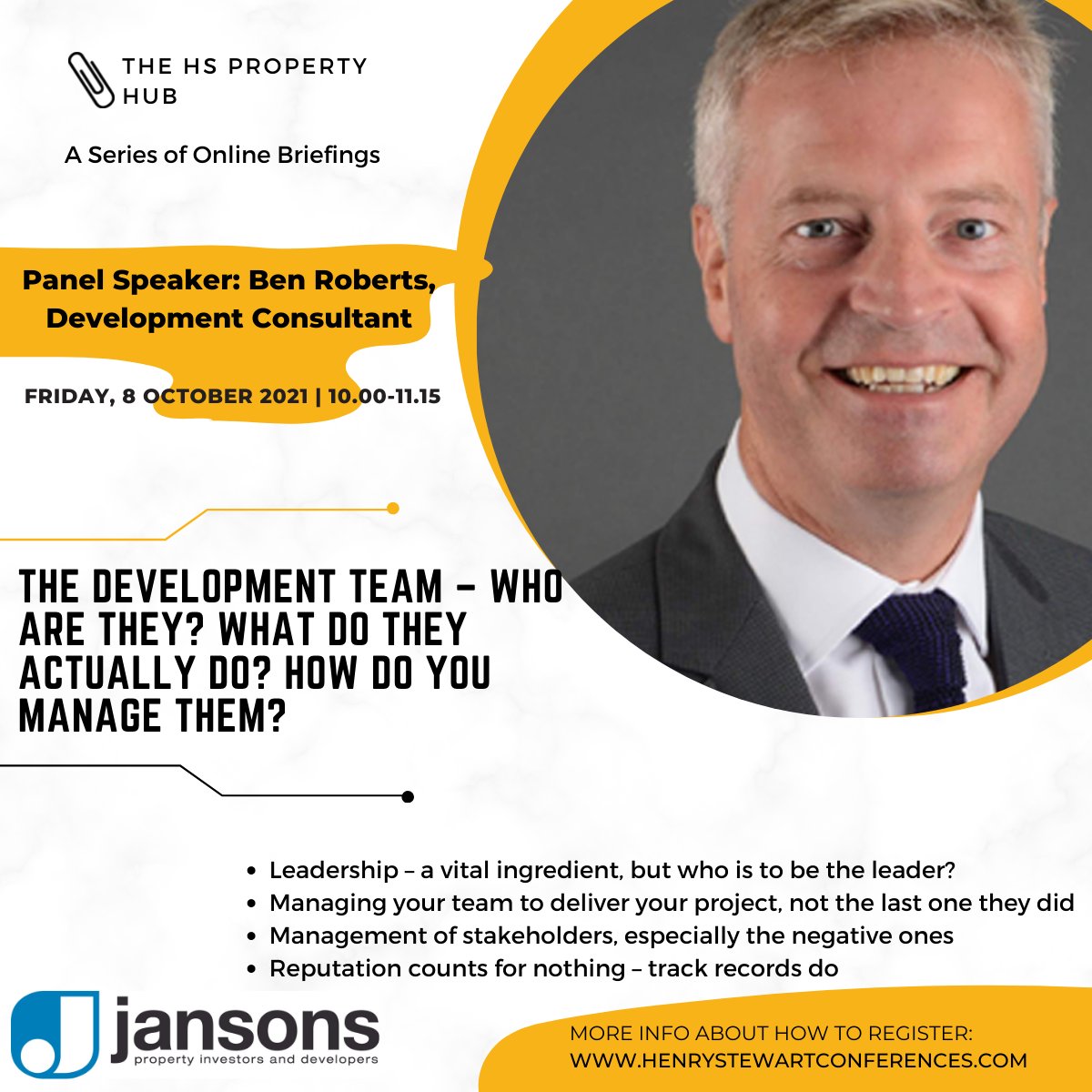 An Introduction to Property Development: ‘The Development Team – Who are They?  What do They Actually Do?  How do you Manage Them?’

📌 Friday 8 October
<a href="/hspropertyconf/">The HS Property Hub</a> 

Learn more and register: henrystewartconferences.com/property-hub/h…