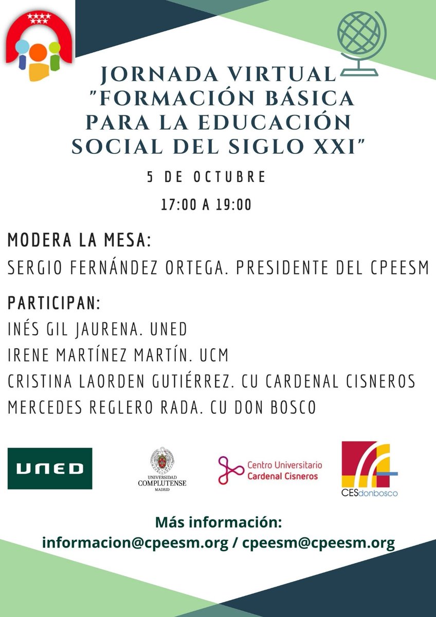 EducacionUNED's tweet photo. 🗣️ LA FACULTAD CON LOS COLEGIOS PROFESIONALES 🧑‍💻🫂🤝 05 de octubre (Día Internacional de la Ed. Social), de 17:00 a 19:00, @cpeesm celebra la jornada virtual "Formación básica para la Educación Social del siglo XXI" (participa @inesgj3) Inscripción en 👉https://t.co/jp3vTzphJX 👇 https://t.co/dOXcRPASHF
