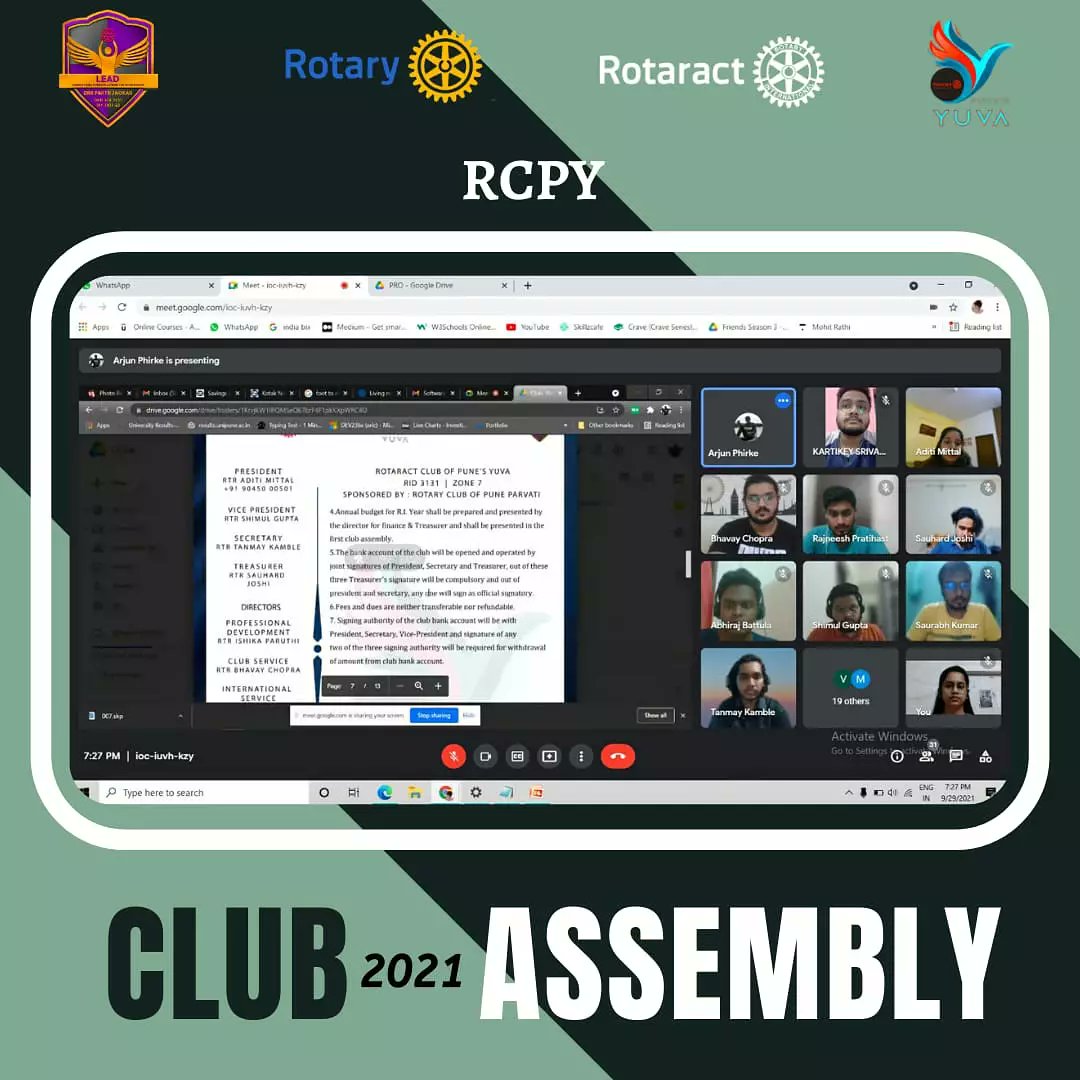 rcpunesyuva's tweet photo. We are pleased to announce that Rotaract Club Of Pune's Yuva successfully completed its Club Assembly on 29th Sept 21 virtually.
All the avenue directors and BODs descriptively and delightfully presented their plans for the RIY 2021-22.
Regards ,
Team #Rcpy
#Leadtheway
#rotract https://t.co/lLbB6ZHddA