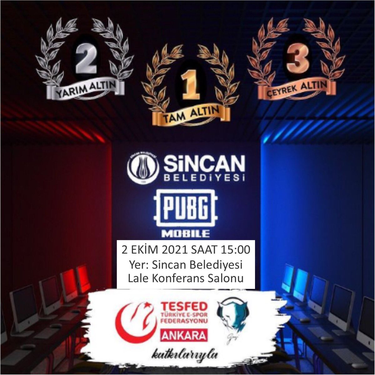 TesfedA's tweet photo. Sincan E-Spor Turnuvası’nın son ayağı olan Sincan PUBG Mobile Turnuvası, yarın saat 15.00'da Sincan Belediyesi Lale Konferans Salonu’nda offline olarak gerçekleştirilecek. https://t.co/mDbvlE030C