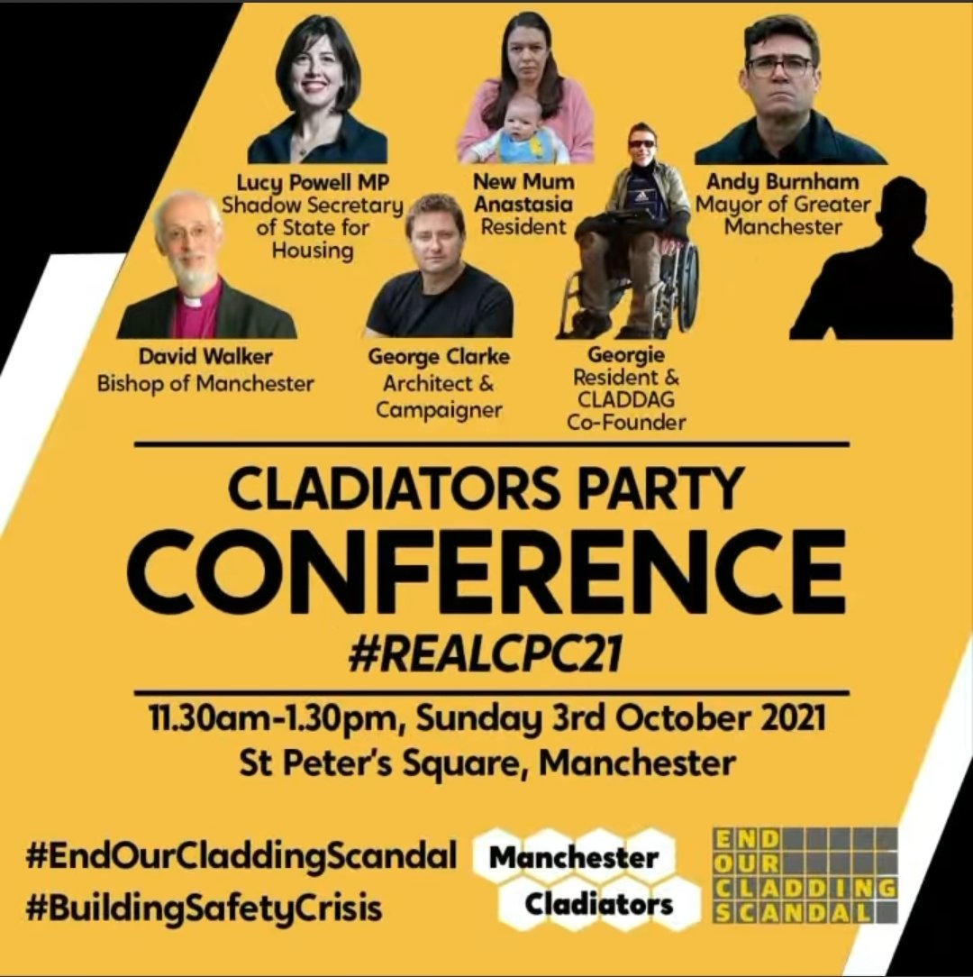 .@McrCladiators are hosting a Cladiators Party Conference, this Sunday in St Peter's Square #Manchester

Help them send the message to @BorisJohnson and the @Conservatives 📢 #EndOurCladdingScandal 

#REALCPC21 @LucyMPowell @BishManchester @AndyBurnhamGM