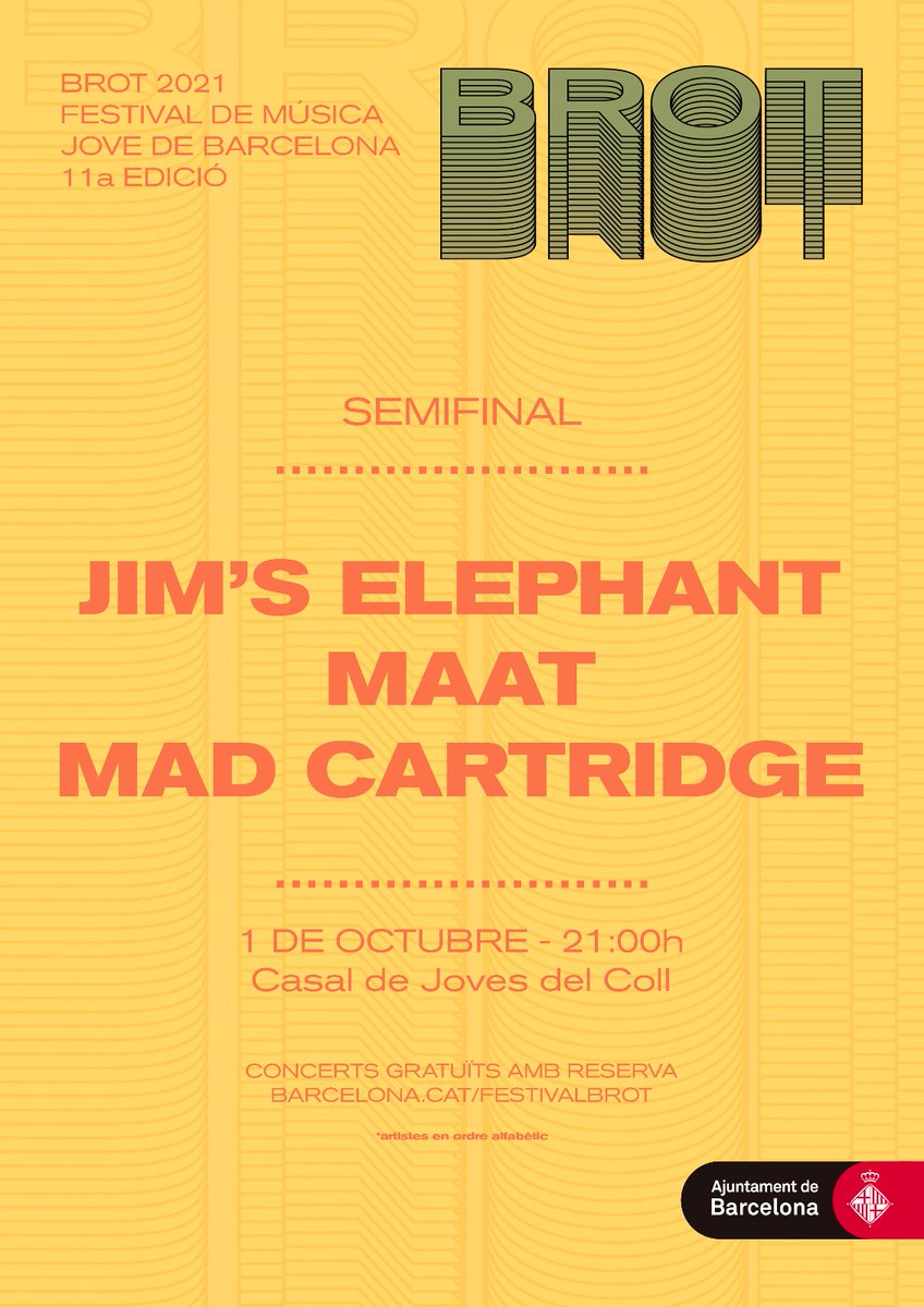 joves_barcelona's tweet photo. Aquesta nit, el #rock serà el protagonista, en una nova jornada de concerts al #FestivalBrot 2021! 🎶🎸

Damunt l'escenari hi veurem: Jim's Elephant + @Maat_off + Mad Cartridge 👏

🗓️ A les 21h al Casal de Joves El Coll
‼️ Entrades exhaurides https://t.co/CvdC2jJC1m