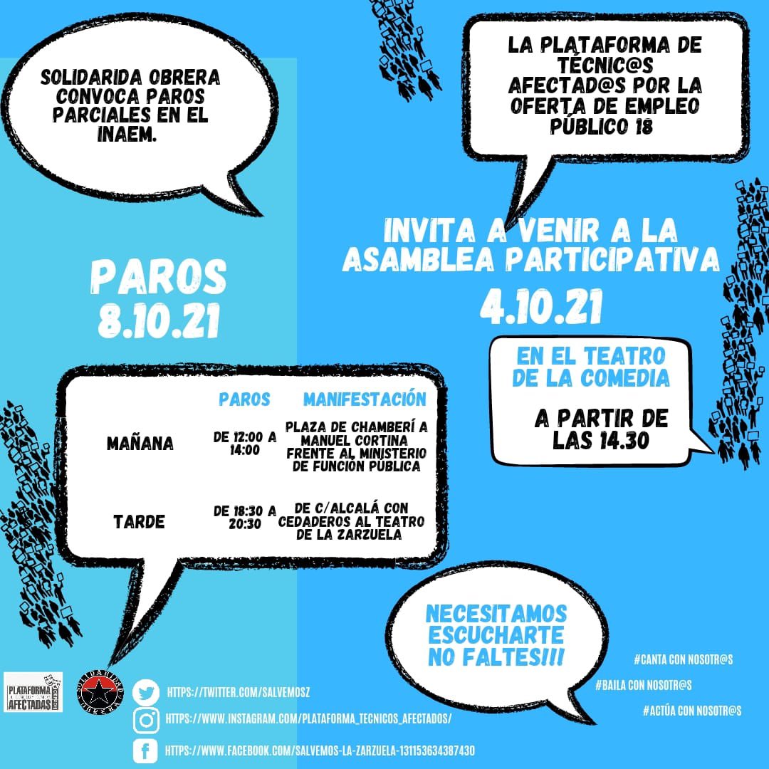 ASAMBLEA INFORMATIVA  4/10/21 14:30 <a href="/TEATROCLASICO/">Teatro Clásico - CNTC</a> <a href="/miqueliceta/">Miquel Iceta Llorens /🌹🇺🇳</a> <a href="/CTEspectaculo/">Centro de Tecnología del Espectáculo</a> <a href="/Yolanda_Diaz_/">Yolanda Díaz</a> <a href="/CNTtecnicossala/">CNTtecnicosysala</a> <a href="/CNT_Escenicas/">CNT Artes Escenicas</a> <a href="/CCOOMadrid/">CCOO de Madrid</a> <a href="/UgtCultura/">🎭📺 UGT Cultura🎶🥇</a> #NopuedopresentarmeOEP2018 #somosmasde20 #tecnicosdeteatroenlucha 
#OEP2018INAEM #defendemoseloficio #SalvemosElTeatro