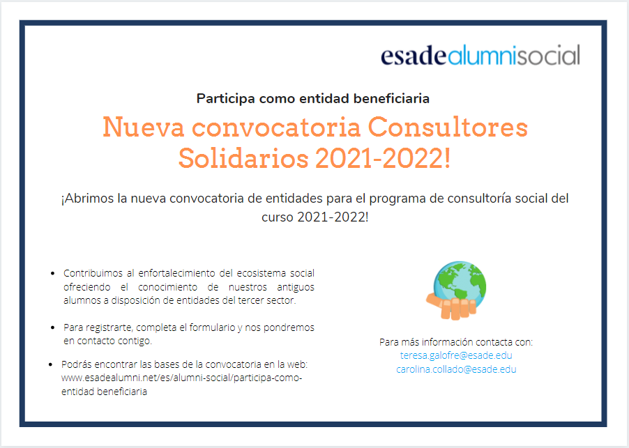 ESADEisocial's tweet photo. ¿Eres una entidad del #tercersector y quieres contribuir a un mundo más #sostenible?
Aprovecha el know-how de los Alumni de @ESADE y participa en la XVI edición de Consultores Solidarios para que puedan asesorarte en tu proyecto 👉 https://t.co/Oo06AVhX0D
#ESADEalumnisocial https://t.co/zqau1PTmNf