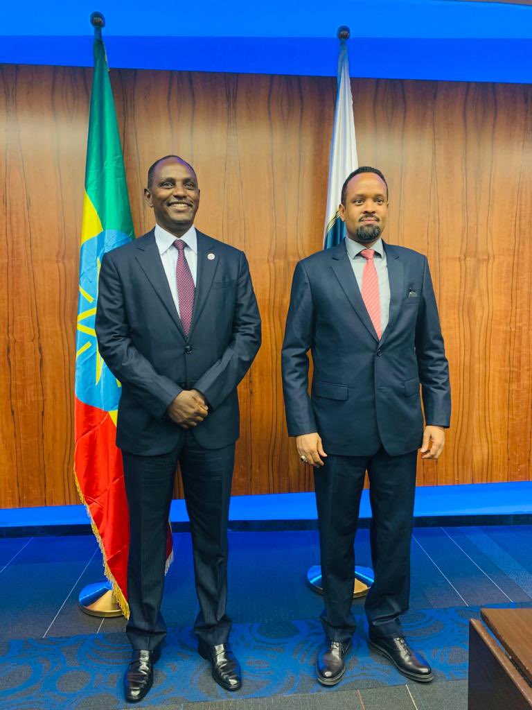 BaloziYatani's tweet photo. I had a very fruitful discussion with H.E. Ahmed Shide, the Minister of Finance of the Federal Democratic Republic of Ethiopia, who hosted my delegation in Addis Ababa.We touched on matters of strengthening of trade and investments including Safaricom between our two countries. https://t.co/o181XWskEz