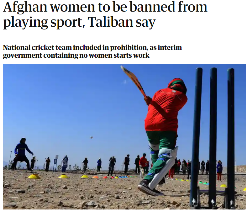 AdivaKhan7's tweet photo. The Taliban also appear to have banned women's sports. “I don’t think women will be allowed to play cricket because it is not necessary that women should play cricket,” said deputy head of Taliban cultural commission.
#TalibanAgainstWomen #FreeAfghanistan @GhaniKhnBaba https://t.co/YC81Bq0sR6