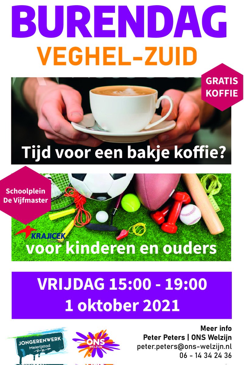 Vrijdagmiddag 1 oktober 2021 van 15.00 uur tot 19.00 uur organiseert Ons Welzijn Veghel Burendag voor Veghel-Zuid. Dit zal zijn op het schoolplein van De Vijfmaster.
De dames van de "Kleurrijke vrouwen" uit Veghel zuid zullen ook aanwezig zijn en voor wat lekkers bij de koffie