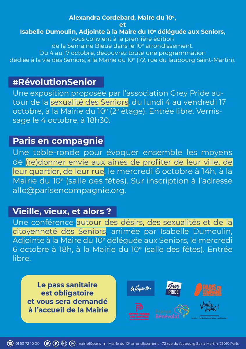 #Paris10 <a href="/semainebleue/">Semaine Bleue</a>
Changer de regard s/ le vieillissement🤝Agir pour &amp; avec les Seniors d'aujourd'hui et de demain
👉Lutte contre les discriminations sexuelles &amp; droit à l'intimité
👉Reconnaissance du rôle social des Seniors
👉Méthodes de construction des politiques publiques