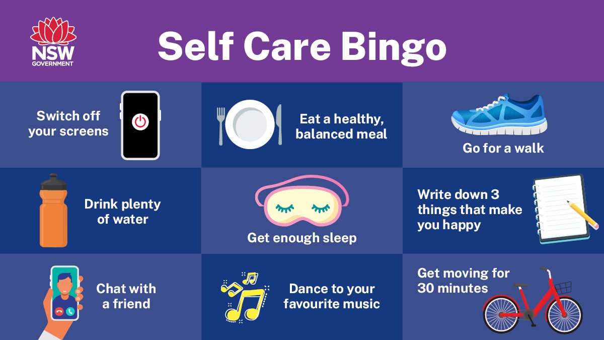NSWHealth's tweet photo. Let's play a game of self-care bingo 🍎 📵 🛏️

Daily healthy habits can be a form of self-care and can help support your mental health during COVID-19.

There are services that can support you through these difficult times: https://t.co/ATB2VPb08j https://t.co/dMnPCLvd1K