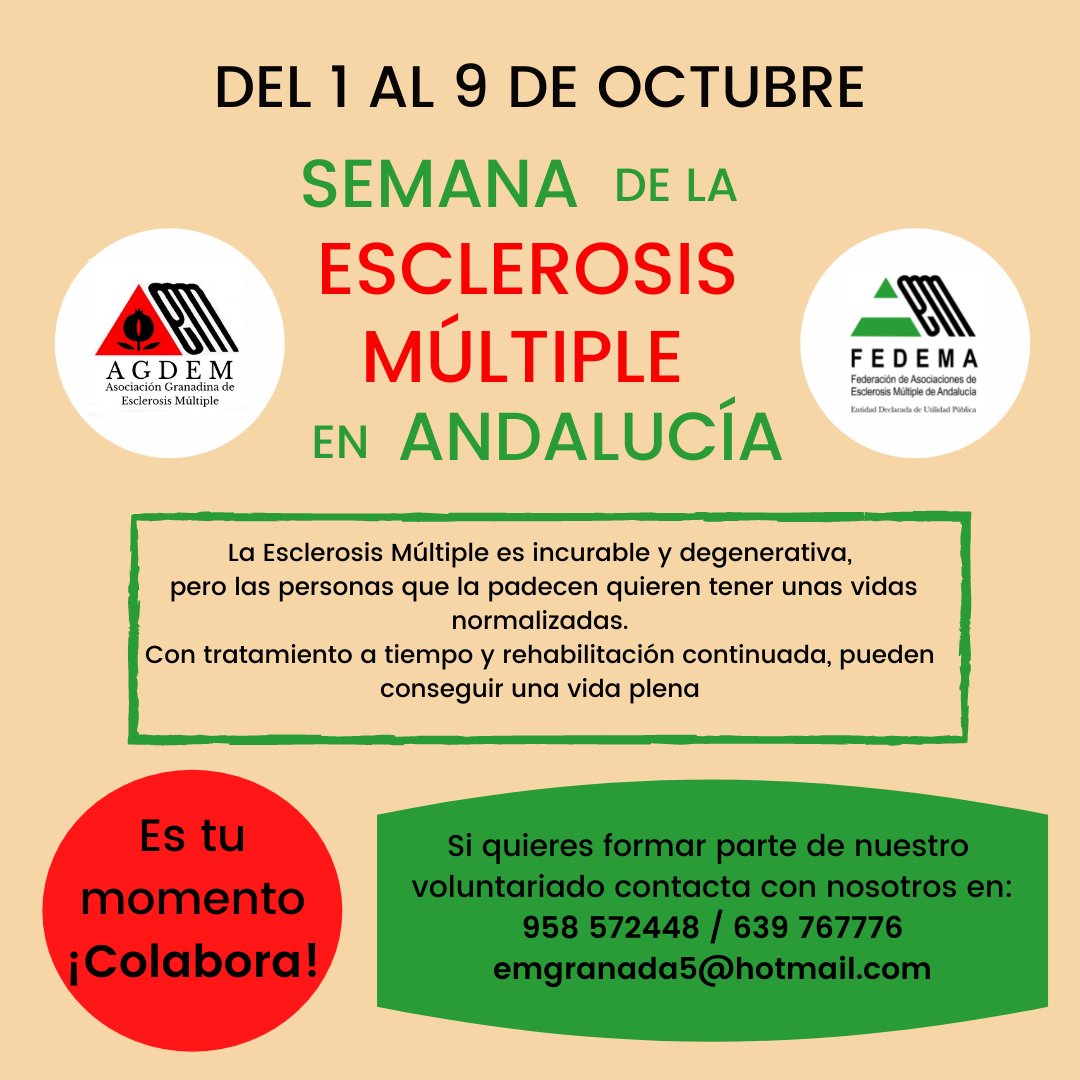 agdem_granada's tweet photo. Promovida por @FEDEMAEM del 1 al 9 de octubre, celebramos la #semanadelaesclerosismultiple en Andalucía con distintas actividades que, en AGDEM, se alargarán durante el mes de octubre.
Atentos a nuestras redes‼️
#esclerosismultiplegranada #esclerosismultipleandalucia https://t.co/CIkNP4bqrX