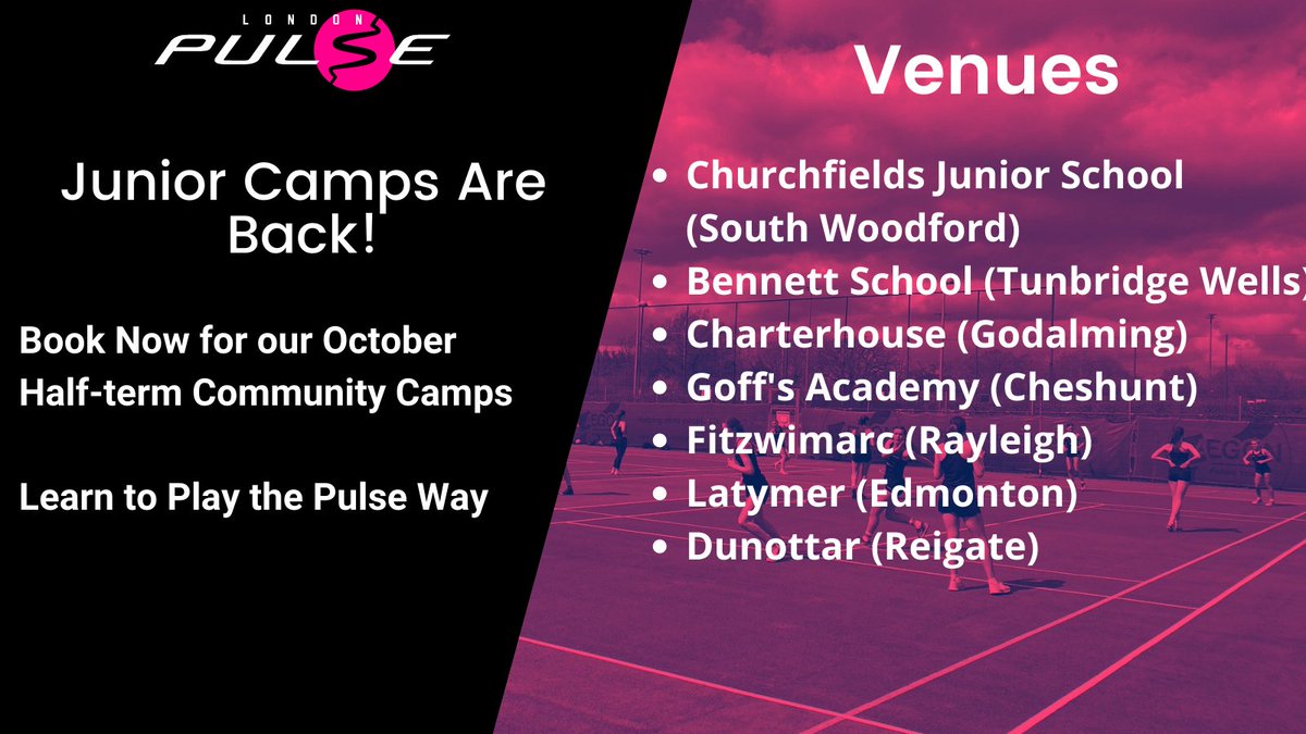 Half-term holidays will soon be upon us so sign the kids up now for our fantastic London Pulse Junior Community Camps.

Venues across the region - come and learn to play the Pulse way!

londonpulsenetball.com/product-catego…