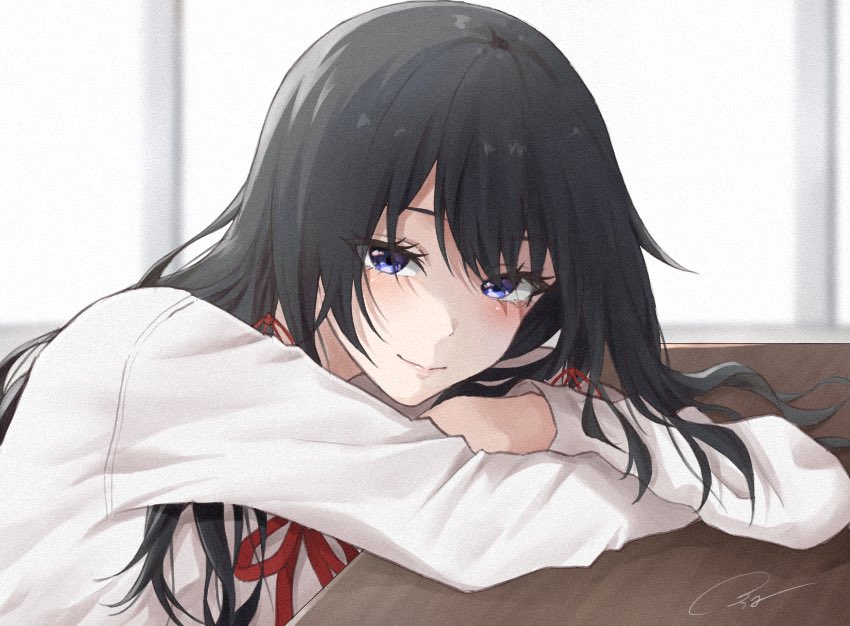 1girl solo black hair long hair shirt looking at viewer red ribbon  illustration images