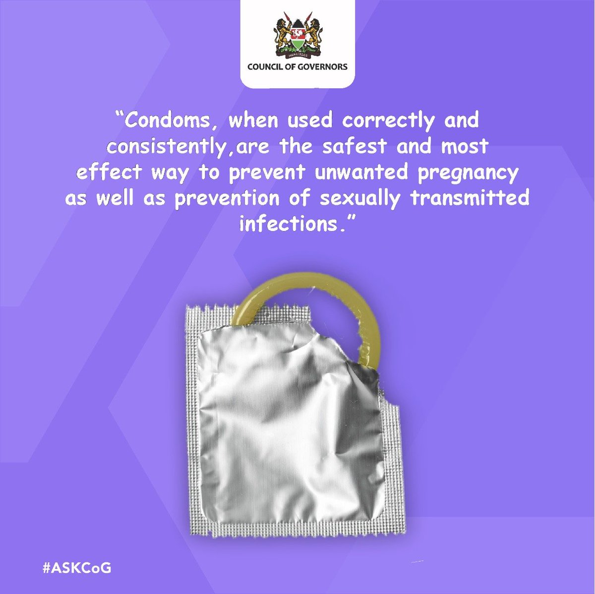 KenyaGovernors's tweet photo. Condoms, when used correctly and consistently, are the safest and most effect way to prevent unwanted pregnancy as well as prevention of sexually transmitted infections. #ASKCoG https://t.co/cgya6Dhi9W