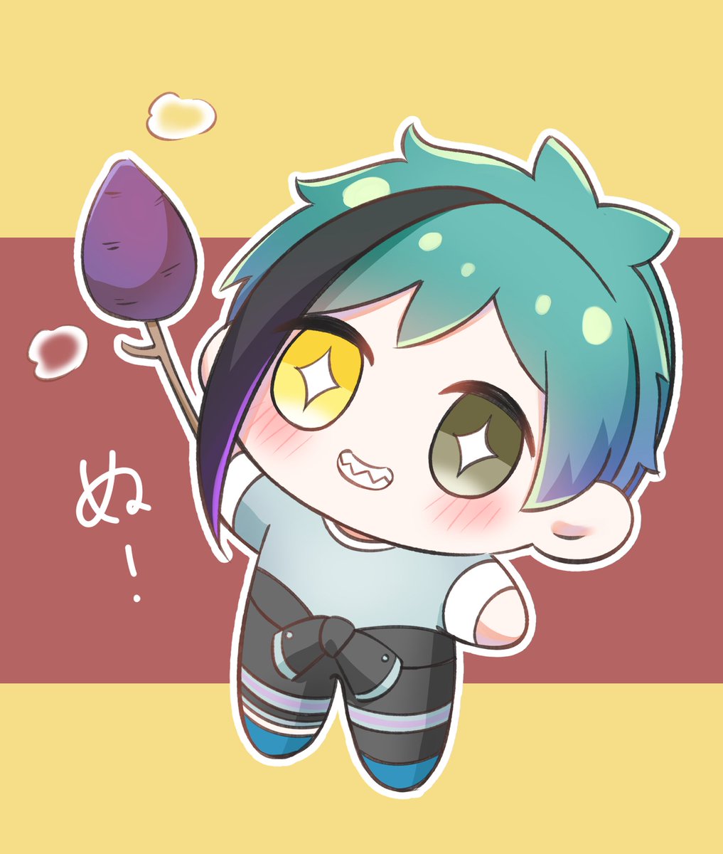 1boy male focus heterochromia sharp teeth chibi black hair streaked hair  illustration images