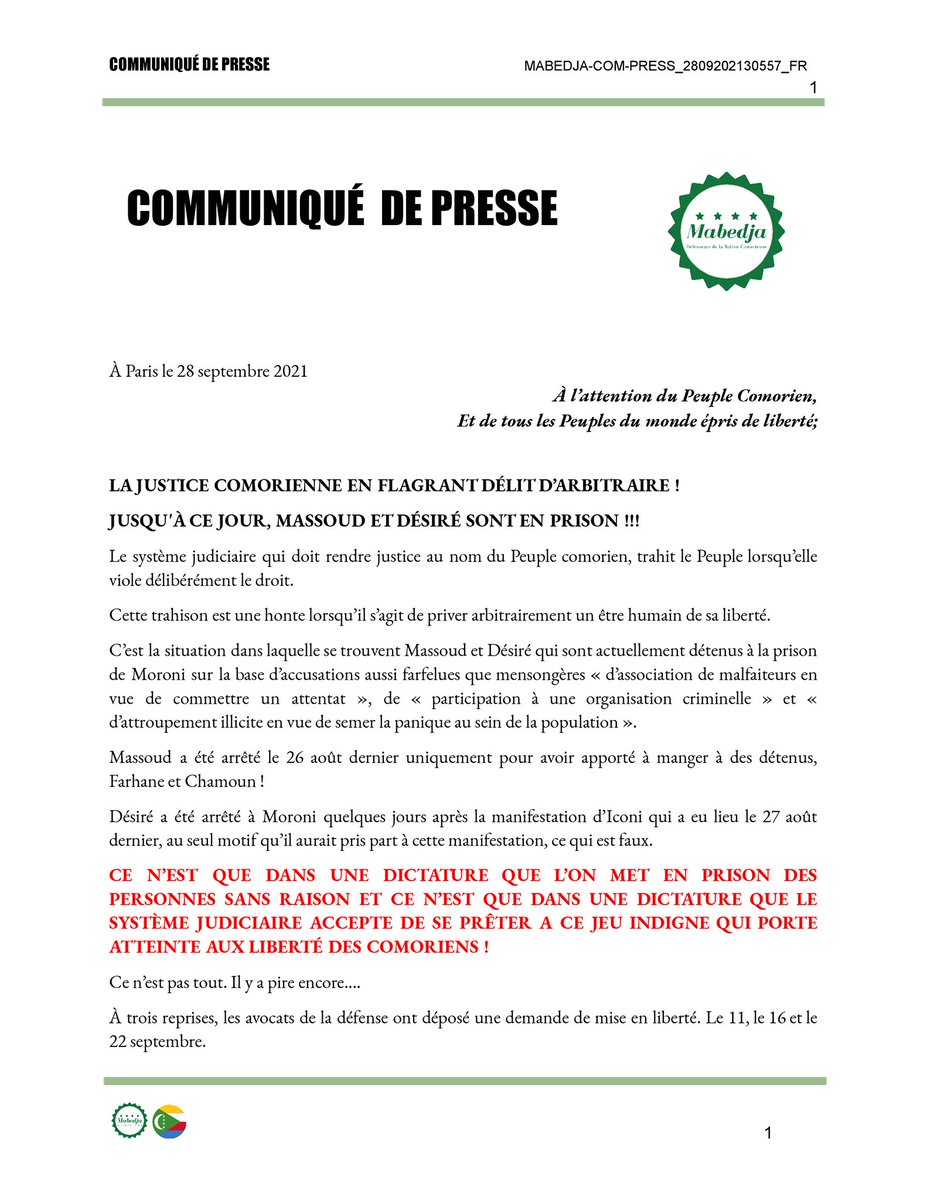 Wafahari269's tweet photo. Pour info @Mabedja_Comores a publié un communiqué pour les défendre https://t.co/ExlTTjOEYf