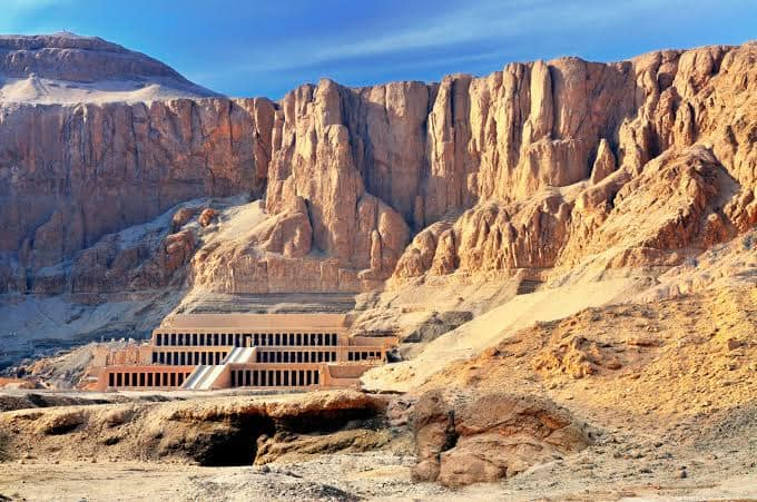 The 3500-years-old mortuary temple of Queen Hatshepsut (the Female Pharaoh). the temple is located beneath the cliffs at Deir el-Bahari on the west bank of Luxor, Egypt