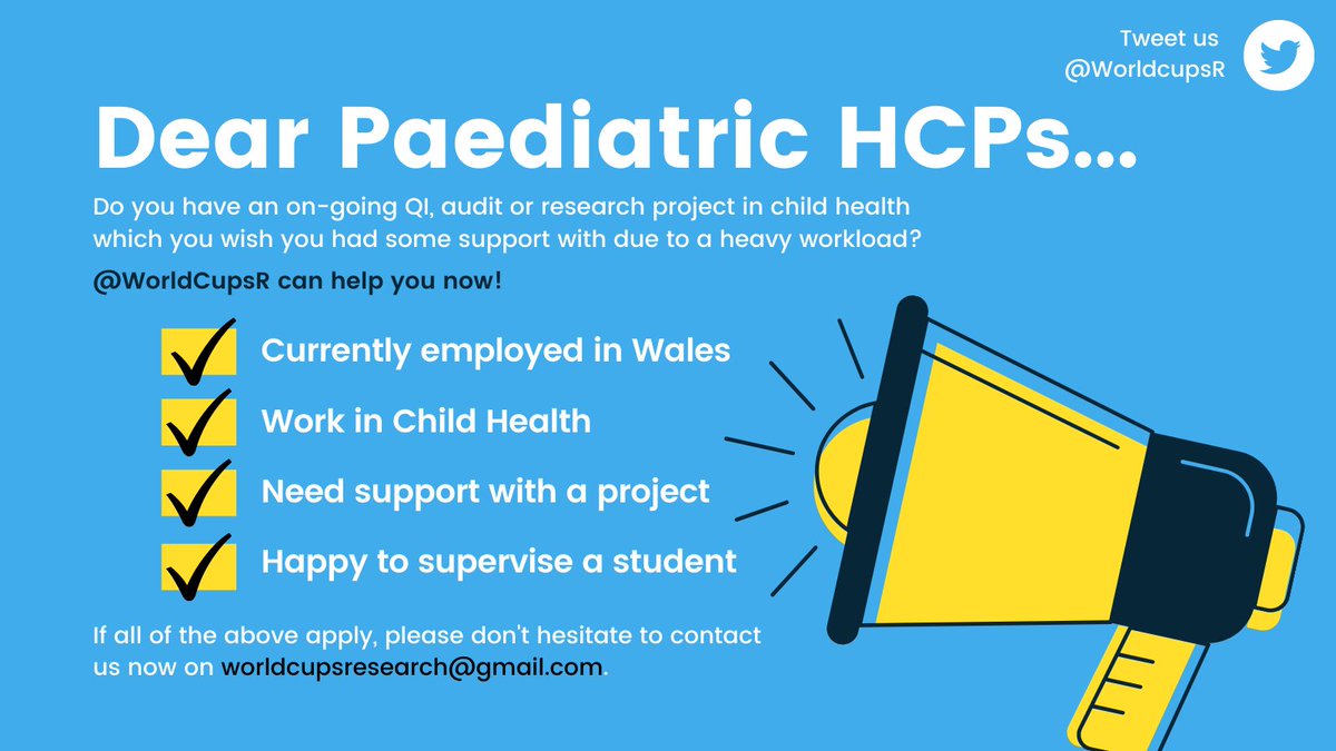 Do you need help with your QI, audit or research project?! 
WORLD CUPS can help you by sharing your projects with keen students <a href="/cardiffuni/">Cardiff University</a> and <a href="/SwanseaUni/">Swansea University</a> in aim to reduce your workload. Plus, you are also encouraging students to #choosepaediatrics and experience academia! 
⬇️⬇️