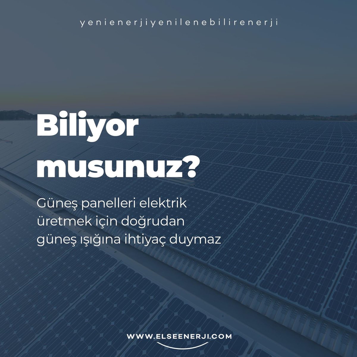 Güneş panelleri elektrik üretmek için zorunlu olarak direkt güneş ışınlarına ihtiyaç duymazlar. Yağmurlu, bulutlu havalarda da elektrik üretirler.

#else #elseenerji #enerji #energy #solar #solarpanel #güneş #güneşenerjisi #elektrik #aydınlatma