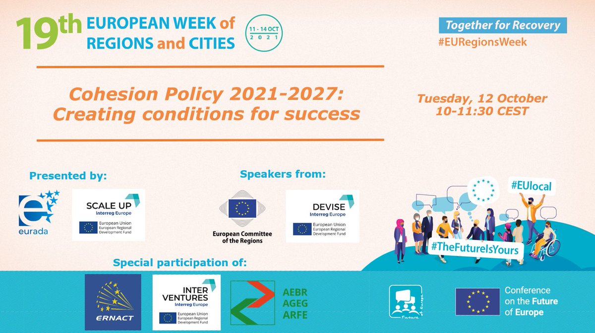 SCALE-UP (@scaleup_project) on Twitter photo Together with <a href="/InterregDEVISE/">Interreg DEVISE</a>, in the framework of the #EWRC, we are organising
✅ Cohesion Policy 2021-2027: Creating conditions for success
to support the scaling up and internationalisation of #SMEs
📅12 October
🕙10.00 CEST
More info and registration: interregeurope.eu/scaleup/events/ Together with <a href="/InterregDEVISE/">Interreg DEVISE</a>, in the framework of the #EWRC, we are organising
✅ Cohesion Policy 2021-2027: Creating conditions for success
to support the scaling up and internationalisation of #SMEs
📅12 October
🕙10.00 CEST
More info and registration: interregeurope.eu/scaleup/events/