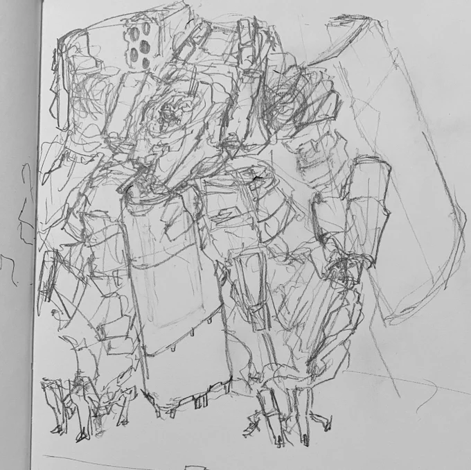 1.モニョモニョと雰囲気を描く
2.プリミティブと既存パーツでなんとなく組んでみる
3.全体を眺め回してシルエットを見つつ要素を調整、武器持たせたり色乗せたりしてモチベーションを上げる
4.UV開いてテクスチャ描いて完成👏

3Dモタノシイヨ…
#ロボ描きを増やそう 