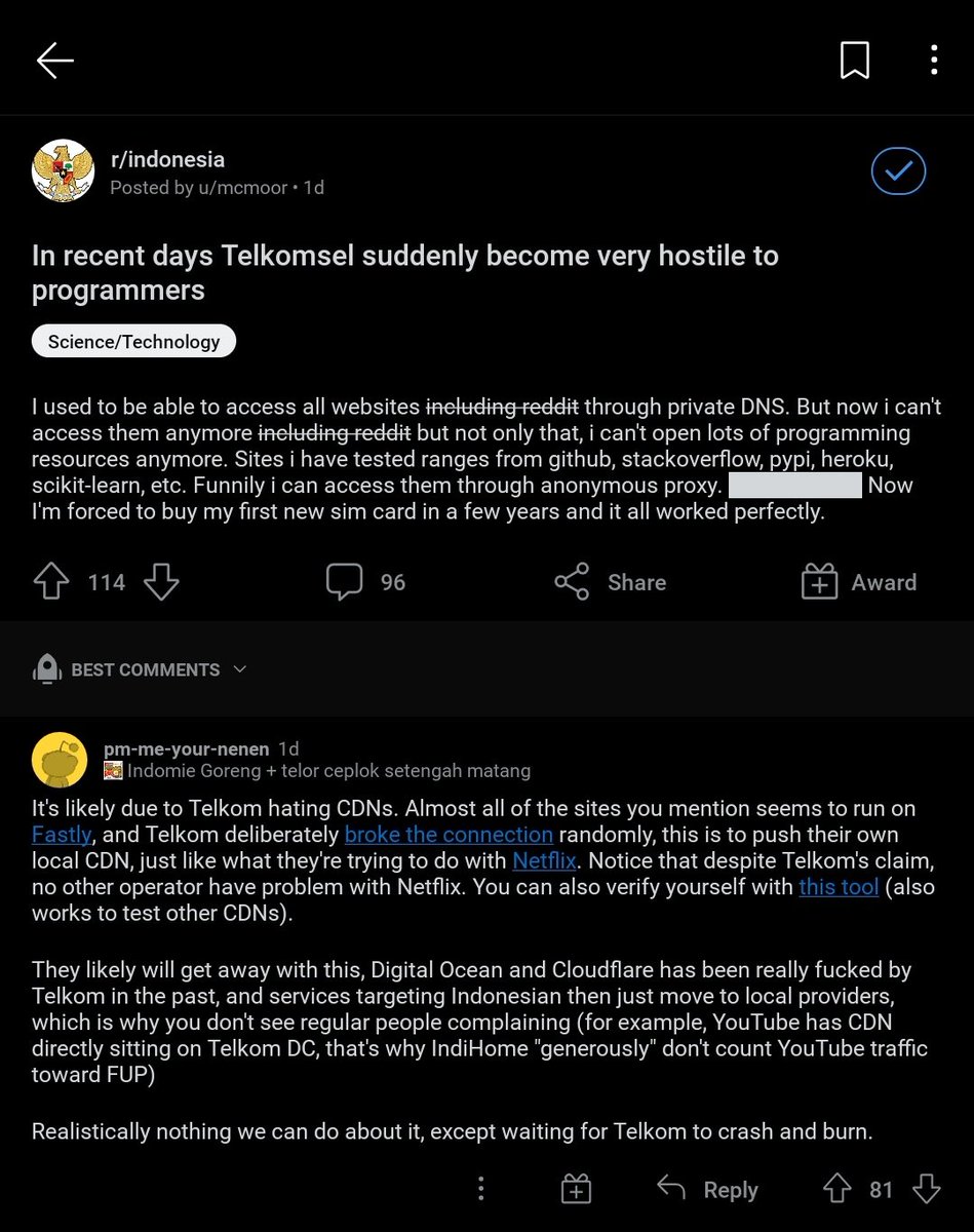 Mohon penjelasannya @indihome <a href="/TelkomCare/">vil</a> <a href="/Telkomsel/">Telkomsel</a>. Belakangan layanan kayak github, stack overflow, quora berasa di-throttling. Akses internet lainnya lancar, cuma ke web &amp; layanan tertentu sering timed out. Ini pelanggaran hak konsumen, merugikan usaha juga!