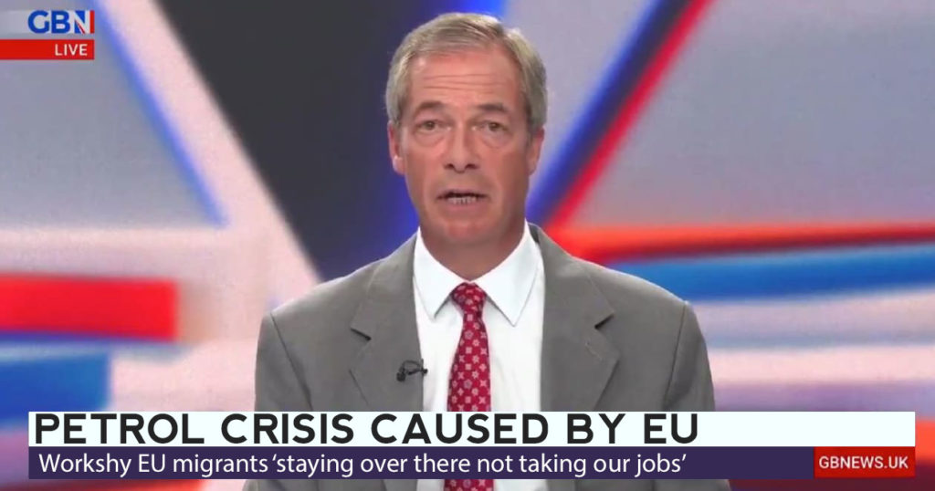 newsthump's tweet photo. NEWS! Nigel Farage blames petrol chaos on ‘workshy EU migrants staying over there not taking our jobs’ https://t.co/MrXcVmGqmE https://t.co/P0jYZ8ClsA