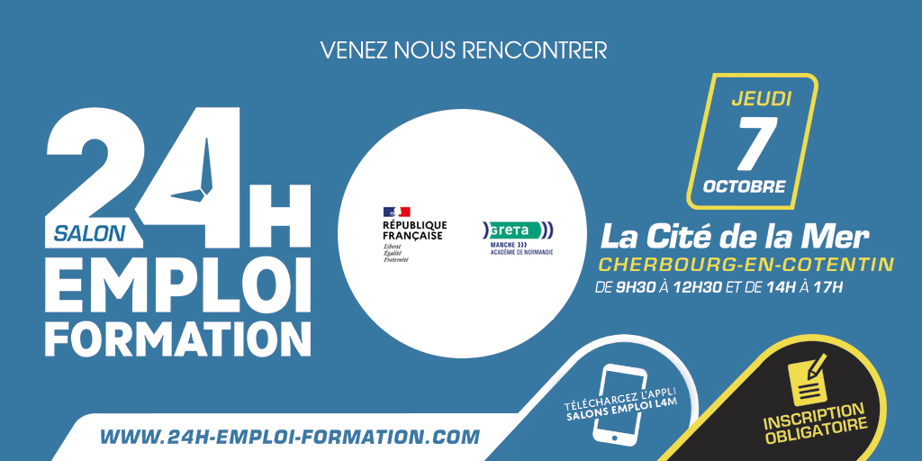 📢 Venez nous rencontrer au #salon24hemploiformation, nos équipes du GRETA de la Manche seront là pour vous conseiller et orienter !
📅 Jeudi 7 Octobre de 09h30-12h30 et de 14h-17h
📍 A La Cité de la Mer CHERBOURG EN COTENTIN 
‼️ INSCRIPTIONS OBLIGATOIRE : 24h-emploi-formation.com