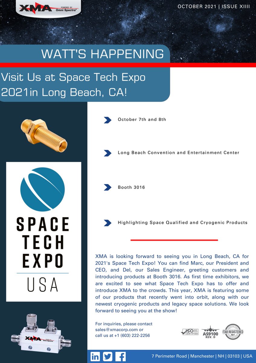xma_amphenol's tweet image. Our rock star team is heading to California for the Space Tech Expo!  Head over to booth 3016 to meet Marc, President &amp;amp; CEO, and Del, Sales Engineer, and learn how XMA can be a part of your space solutions.  #SpaceTechExpo2021 #XMACorporation