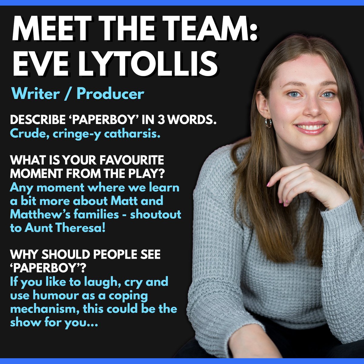 *MEET THE 'PAPERBOY' CREW* 

Eve Lytollis - Writer/Producer 

And rounding up our team is writer Eve! The show opens TOMORROW, so come and find out why she's been going on about it on social media for so long... 

2nd-3rd October, 3pm, <a href="/BreadandRosesTC/">The Bread & Roses Theatre</a> 

TICKETS VIA LINK IN BIO!