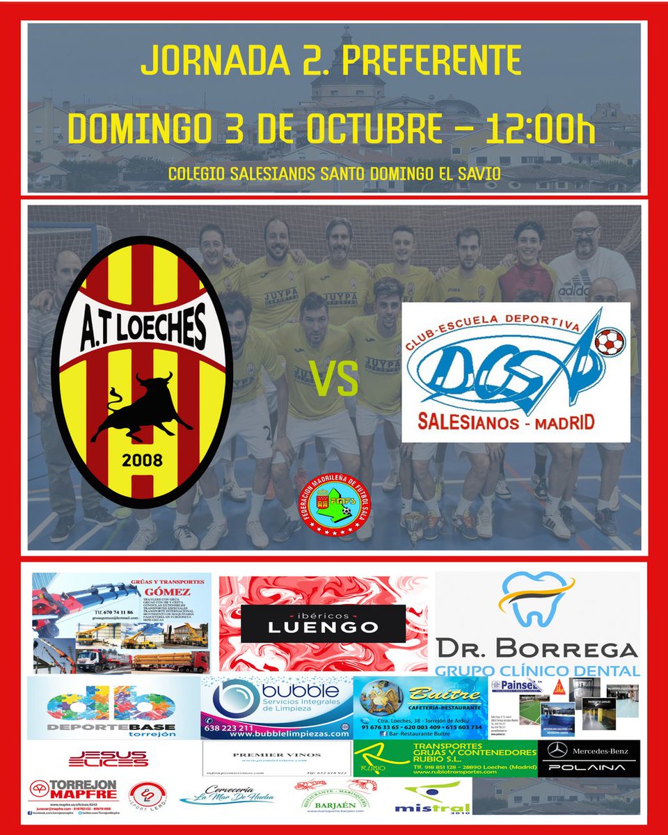 UDLoeches's tweet photo. 🚨Segunda cita de nuestro senior de fútbol sala🚨 
Los chicos de Tore se desplazarán a Madrid para medirse al Club Deportivo DOSA.
No te olvides de seguirnos para estar al tanto de todas las novedades📲 

📍 C. Santo Domingo (Madrid)
🆚 DOSA
📆 Domingo 3 de octubre
⏰ 12:00h https://t.co/289hUsT77U