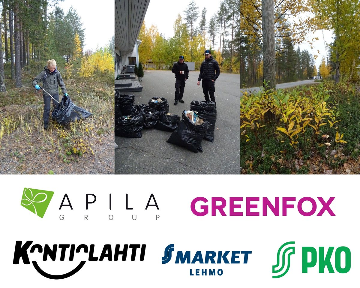 Apilagroup's tweet photo. Apila Group järjesti yhteistyössä Greenfox Oy:n, Kontiolahden kunnan ja S-market Lehmon kanssa roskienkeruutempauksen. Tempauksen teemana oli “Roskat roskiin, materiaalit kiertoon.” Eväät tarjosi S-market Lehmo. Apila Group kiittää kaikkia yhteistyötahoja lämpimästi! https://t.co/dOvAZgYHWD
