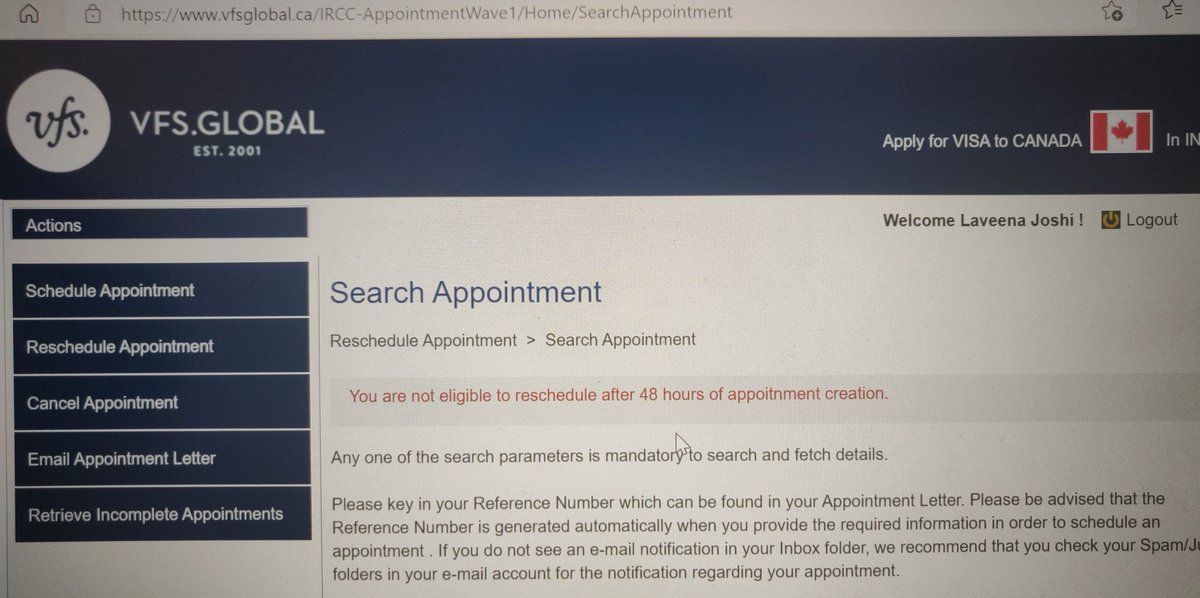 JoshiLaveena's tweet photo. @VFSGlobal @vfsglobalcare 
I am not able to reschedule my biometric appointment. My current appointment schedule is for 09-Nov-2021, but when I am trying to reschedule it's giving error "you are not eligible to reschedule after 48 hours of appointment creation".

Please help https://t.co/TYC1mRzfT7