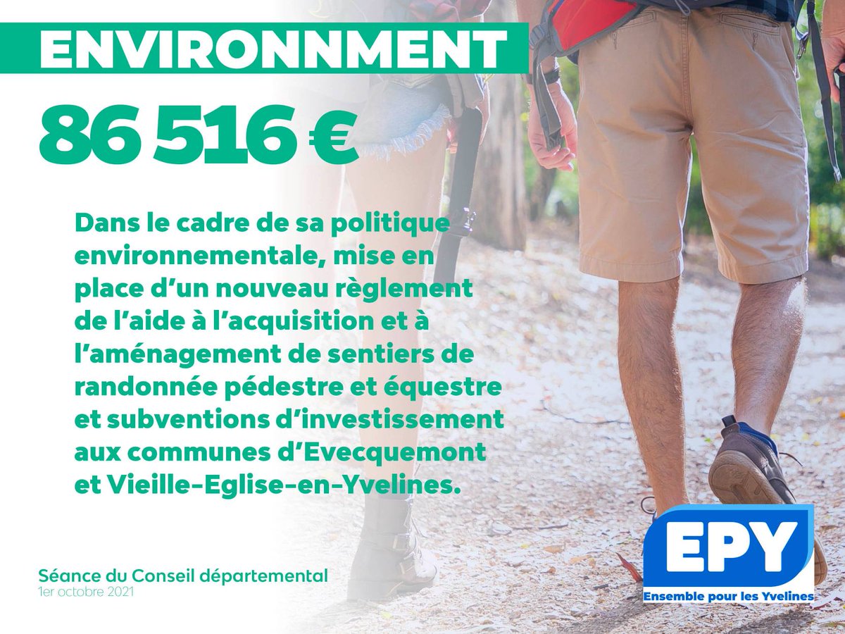 ✅C'est voté en séance➡️ 86 516 €
📍 Environnement : mise en place d’un nouveau règlement de l'aide à l'acquisition et à l'aménagement de sentiers de randonnée pédestre et équestre et subventions d'investissement aux communes d’Evecquemont et Vieille-Eglise-en-Yvelines.