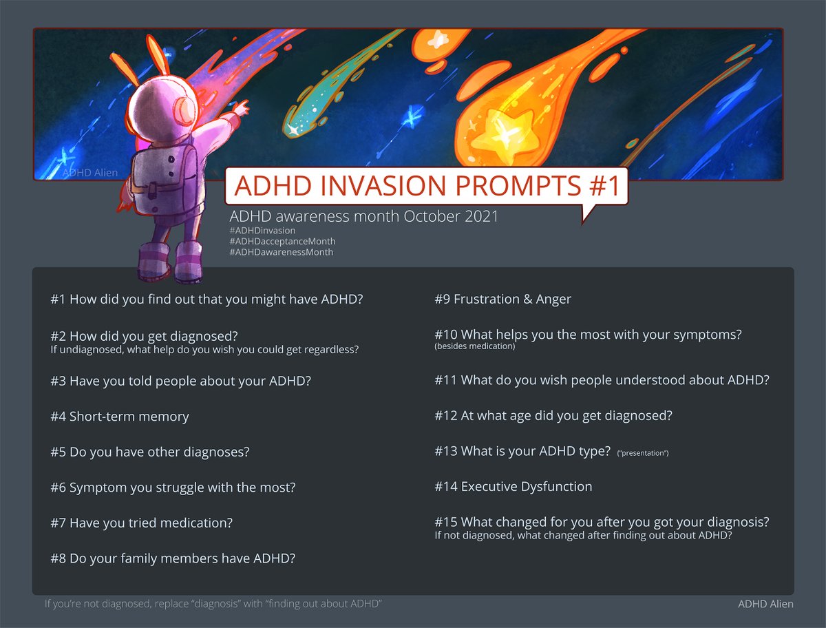 ADHD_Alien's tweet photo. Here are some prompt ideas for #adhdawarenessmonth!  Feel free to use any medium you want or simply post a tweet answering the questions! ✨
I hope people new to ADHD will get a lot of good info out of this ~ https://t.co/RHqgm5Tfla