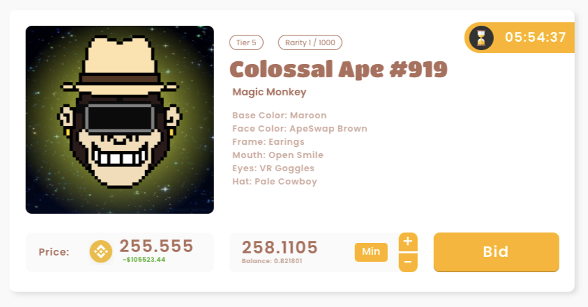 Obie_Dobo's tweet photo. Colossal Ape bids broke $100,000... currently going for 255 $BNB 🤯

This might be the most expensive #NFT ever sold on @BinanceChain #BSC 👀🚀

How high do you think it will go? 😋

Watch live at https://t.co/X9zxQQUHMI https://t.co/Rg4Vy45G6d