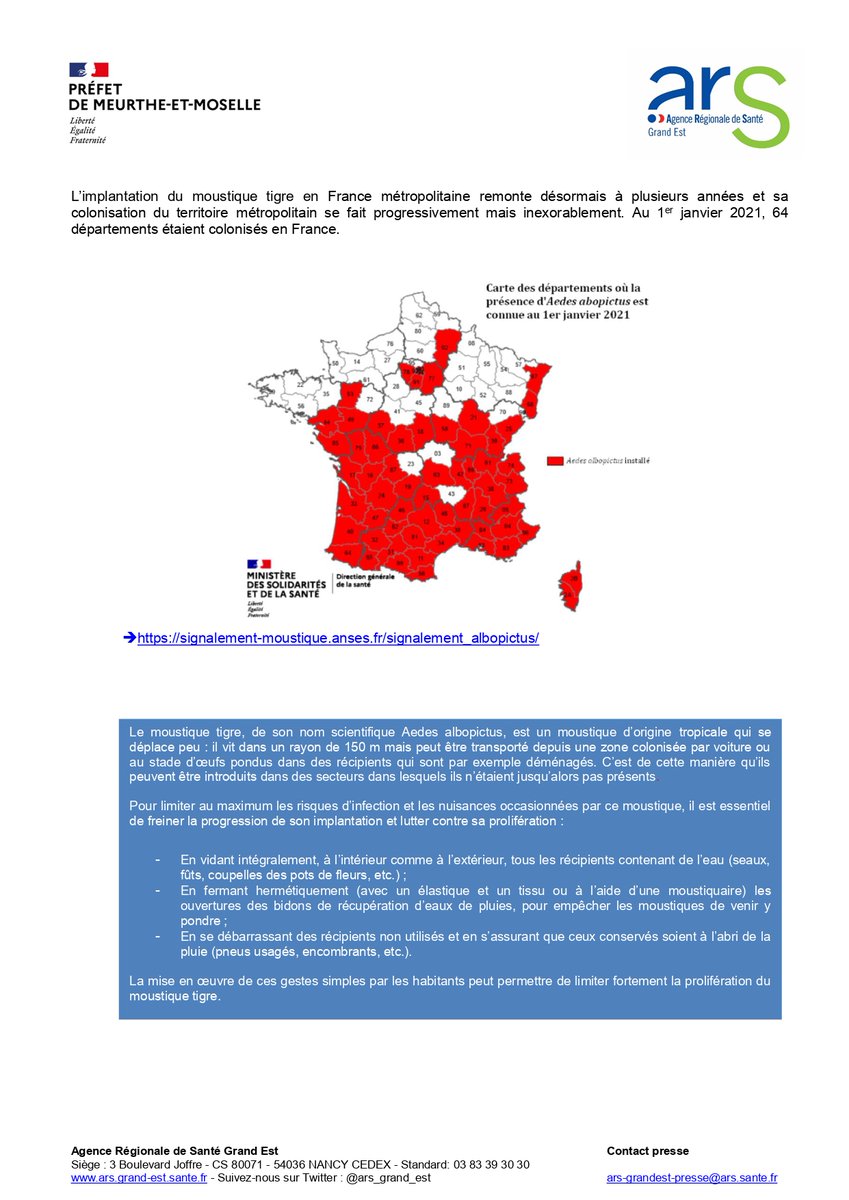 🚨A la suite de la détection cette année du #moustiquetigre dans 3 zones ≠ de @VilledeNancy, #Nancy et son département (Meurthe-et-Moselle) sont désormais classés comme zones colonisées par #Aedesalbopictus à cause de la probabilité de + en + faible de parvenir à son élimination