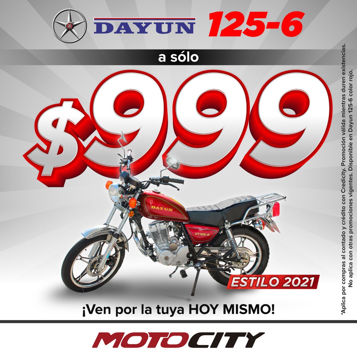 motocitysv's tweet photo. 🚨😱DAYUN 125-6 ROJA A SÓLO $999 😱🚨

La promo que estabas esperando para comprar la moto MÁS BARATA DE EL SALVADOR ¡¡HA LLEGADO!! 👏
Aprovecha y llévate tu Dayun 125-6 estilo 2021 al crédito o contado. 👉Ven por la tuya HOY MISMO. 😎

#ElSalvador #motosdayun #motocityelsalvador https://t.co/va1oE1lsJD