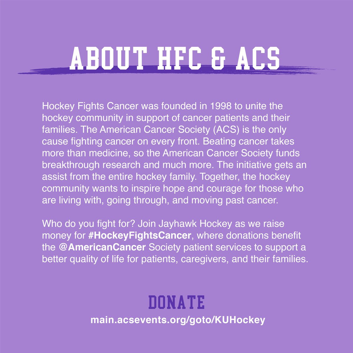 JayhawkHockey's tweet photo. #HockeyFightsCancer unites the hockey community in support of cancer patients and their families.

Who do you fight for? Join us as we raise money for @AmericanCancer and support a better quality of life for those affected. Donate through the link in our profile. https://t.co/nAvloLJZ9i