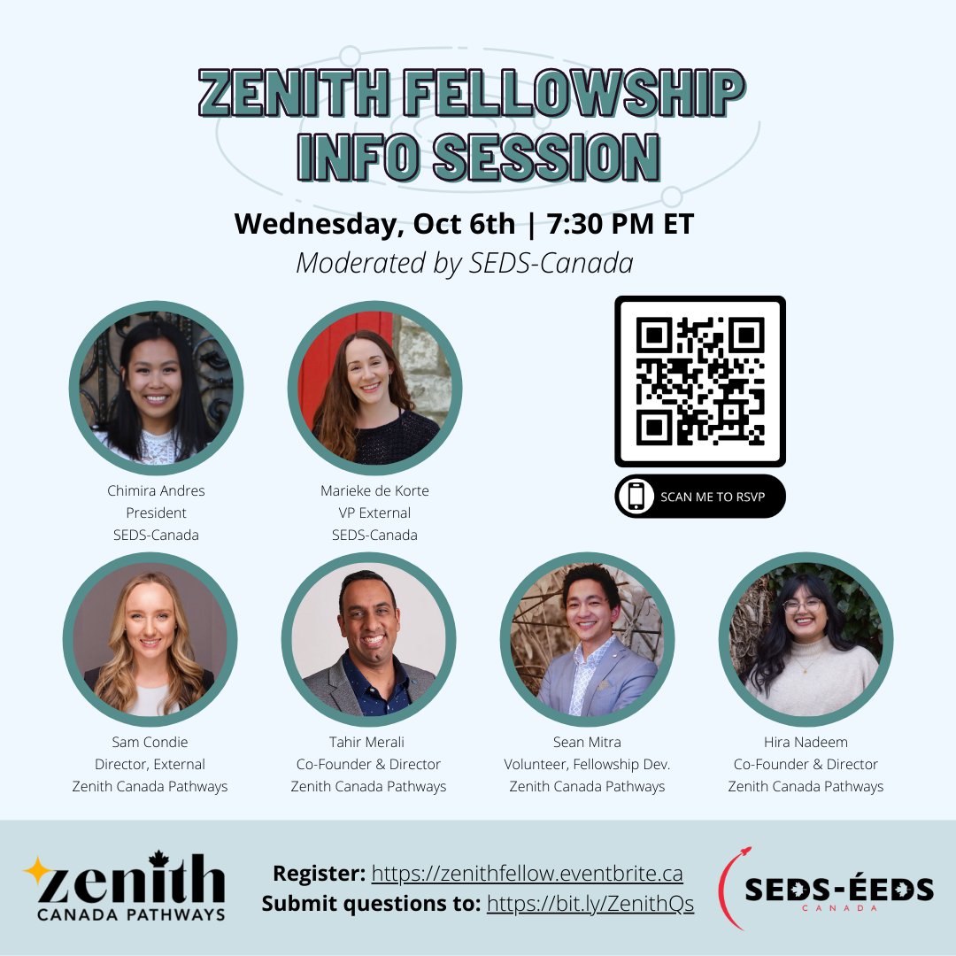 ZenithPathways's tweet photo. It's a GO, Zenith Fellowship Info-Session is bound for lift off next Wednesday, Oct 6th!
With @sedscanada, we will be conducting a live Q&A to answer all your questions about the #Fellowship, and most importantly, help ignite your #spacecareerπ
π¨βπ RSVP: https://t.co/N2nNGluj9q https://t.co/5rkn5TaC7u