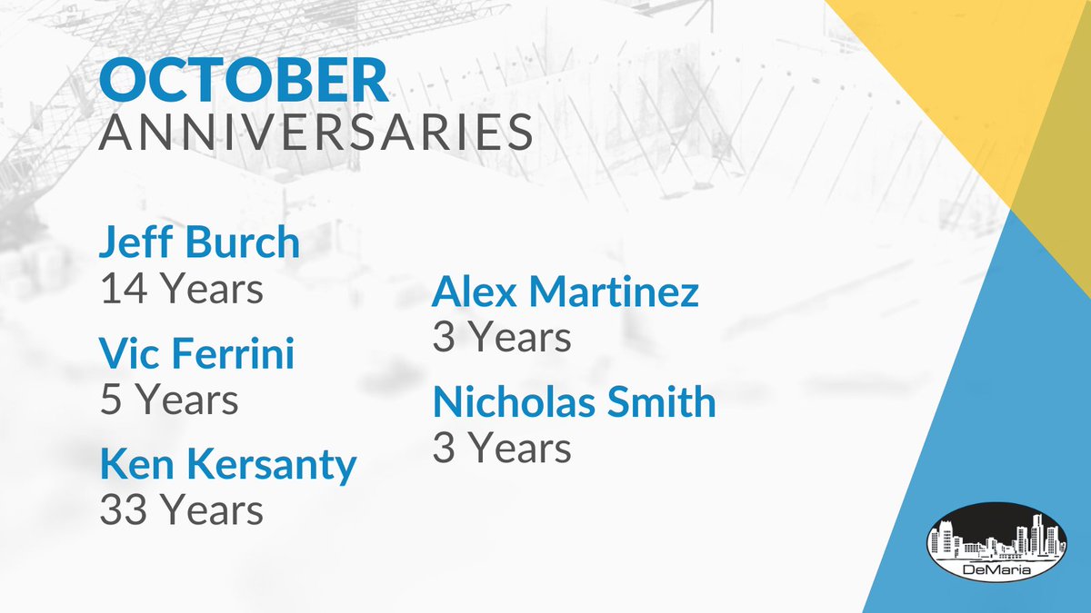 DEMARIABUILD's tweet photo. Happy Anniversary to our team members celebrating anniversaries this October. Thanks for all the amazing work you do!
#DeMariaBuild https://t.co/XG9pvJdkbG