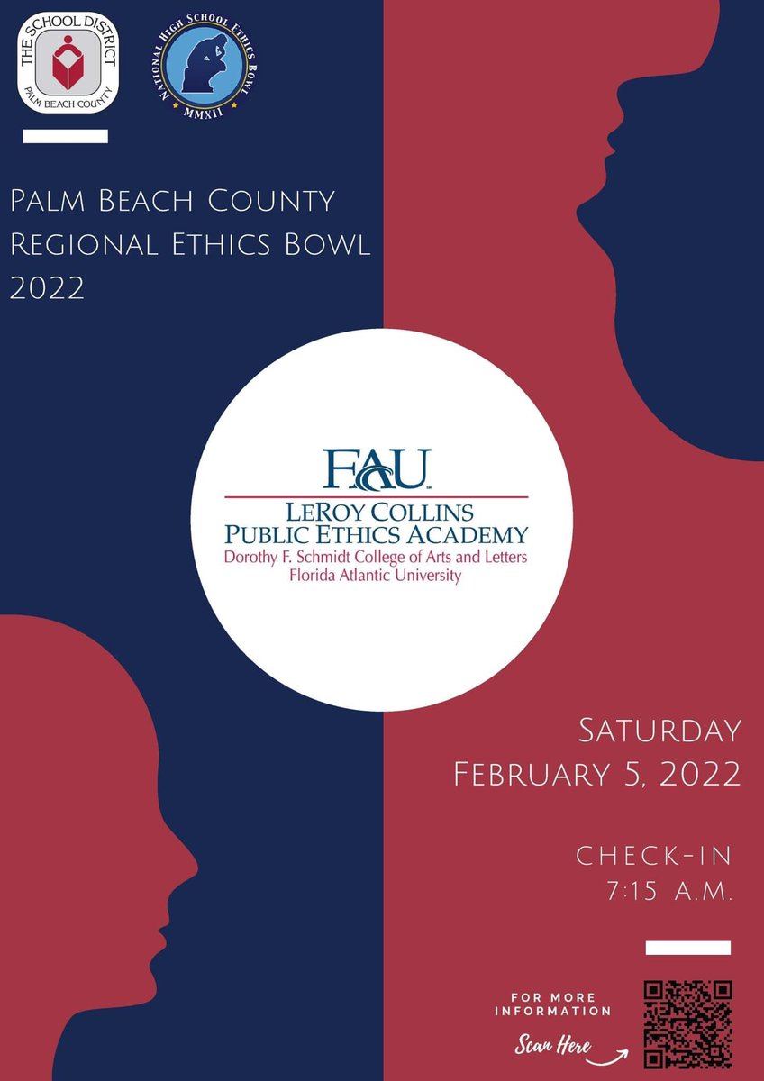 The PBC Regional Ethics Bowl 2022 is right around the corner! We’re so excited to partner with <a href="/FAUEthics/">LeRoy Collins Public Ethics Academy at FAU</a> to promote respectful, supportive, and rigorous discussion of ethics among our student teams 🤩 See flyer for more details!   <a href="/Diana__Snider/">Diana</a> <a href="/tj_smith_23/">Tara Smith</a> <a href="/CoatesEdu/">Kenisha Coates</a>
