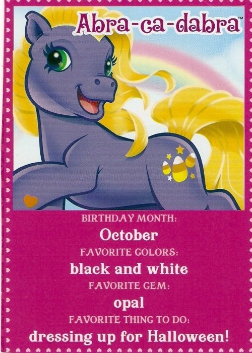 PonyOfTheDay's tweet photo. 🎠October 1st, 2021
Today's pony of the day is G3 Abra-ca-dabra!

Abra-ca-dabra is a Walmart exclusive Halloween pony. She came with a witch costume https://t.co/lQ0QOwKOjR