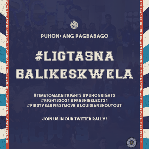SLU_RIGHTS's tweet photo. As student-leaders, it is important to constantly communicate with the whole Louisian community community to hear all sides and to act with objectivity.
#TimeToMakeItRIGHTS
#PuhonRIGHTS
#RIGHTS2021
#FreshieElect21
#FirstYearFirstMove
#LouisianShoutout https://t.co/HgzMtnnmX9