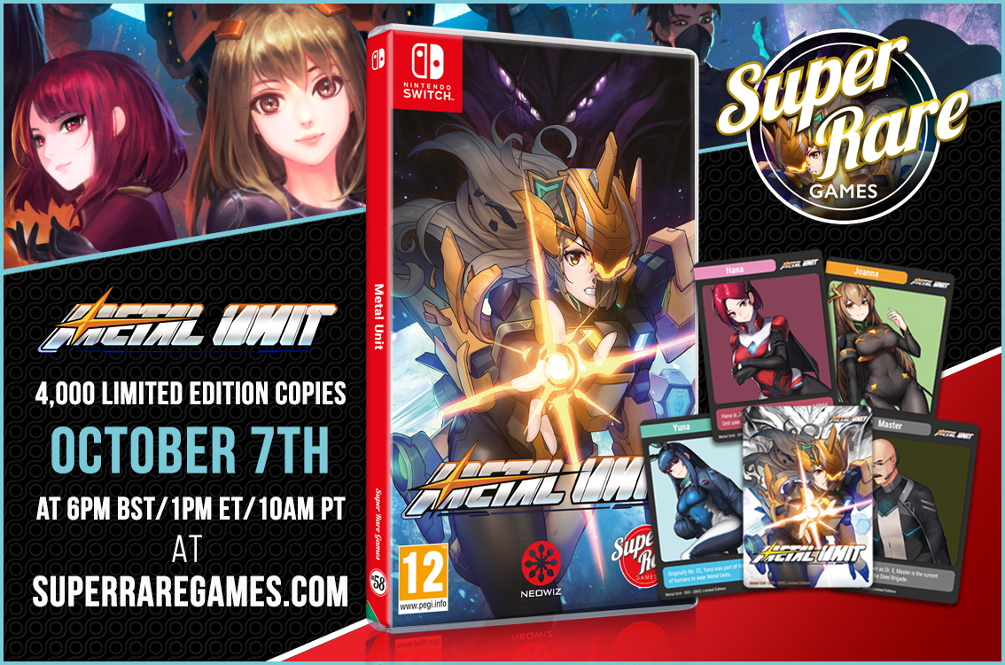 SuperRareGames's tweet photo. Get suited, booted, and ready for action! 🦾

We're excited to reveal the physical Switch release of 𝗠𝗲𝘁𝗮𝗹 𝗨𝗻𝗶𝘁 - limited to 4,000 copies! @NEOWIZWest

On sale Oct 7th @ 6pm BST  - exclusively at https://t.co/Jv8wN6ozxg 🤘 https://t.co/77GTuhwbMB