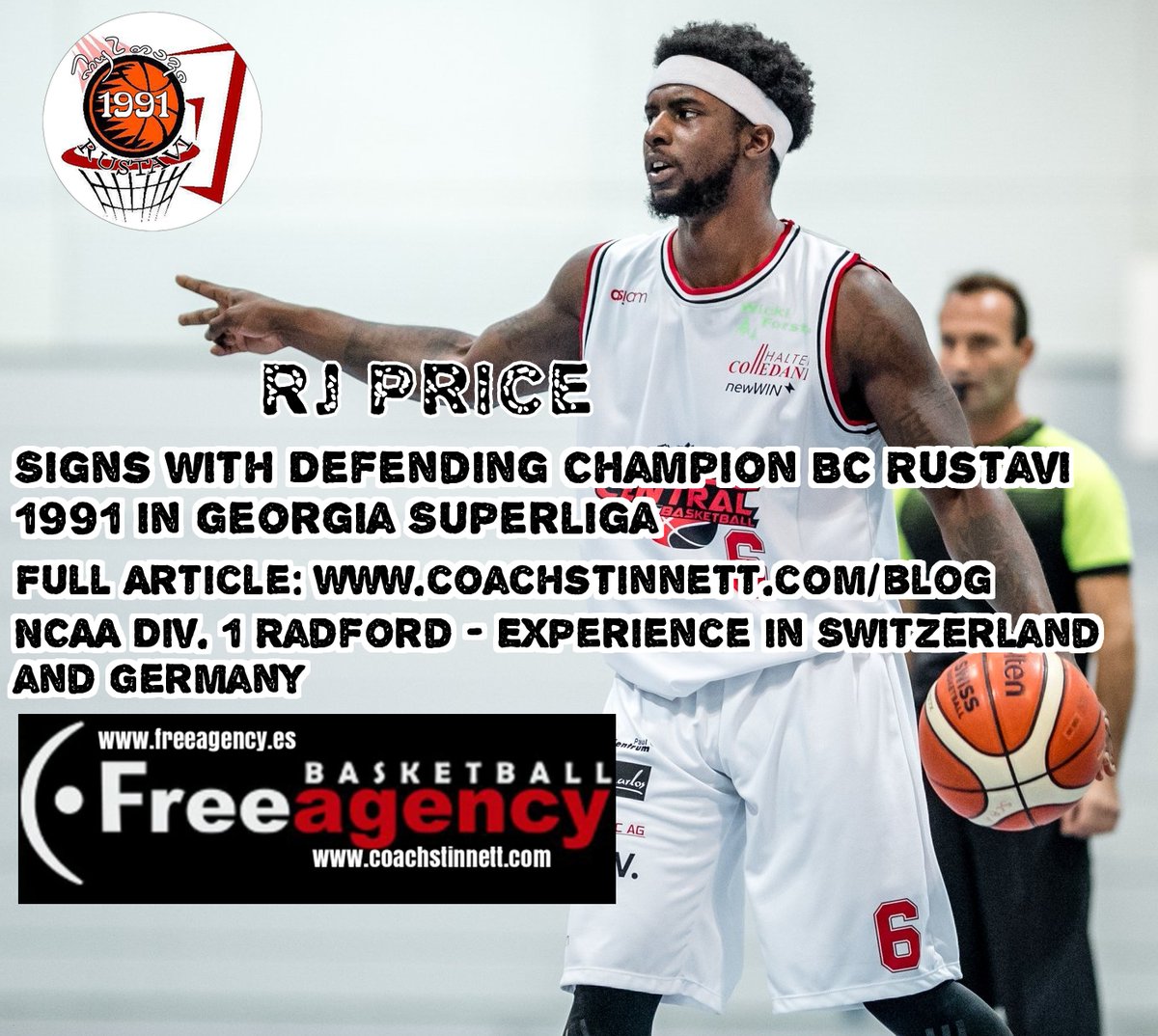 CoachStinnett's tweet photo. Free Agency client RJ Price @rprice__ has signed with defending champion BC Rustavi 1991 in the Georgia Superliga. Price was a standout in college at NCAA Division 1 Radford @radfordhoops . Full Article https://t.co/sRjIhjXvGq https://t.co/ogOZvNO2AE