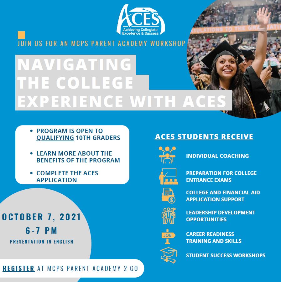 Parents of sophomores: Learn about the ACES program at our Oct. 7 Parent Academy TO GO. ACES is a collaborative program between MCPS, 
<a href="/montgomerycoll/">Montgomery College</a> &amp; <a href="/UatShadyGrove/">The Universities at Shady Grove</a> that provides students a supportive pathway to a bachelor's degree.  Register: montgomeryschoolsmd.org/departments/pa…