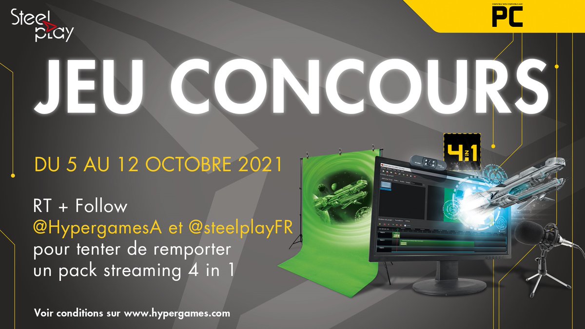 HypergamesA's tweet photo. #concours 🔥

Tentez de remporter un pack streaming 4 en 1.
Au total 1 gagnant.
Pour participer :

➡Follow @HypergamesA + @steelplayFR 

➡RT le tweet 

TAS le 12/10 à 17h ! 
👉https://t.co/9Gs6qlXTCw https://t.co/ZCgW5fIrJy
