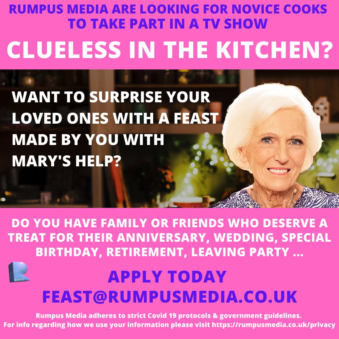 RUMPUS MEDIA ARE LOOKING FOR UK NOVICE COOKS TO TAKE PART IN MARY BERRY'S FANTASTIC FEASTS. MAYBE MARY BERRY CAN SAVE THE DAY AND HELP YOU COOK UP A FANTASTIC SURPRISE FEAST. APPLY TODAY FEASTS@RUMPUSMEDIA.CO.UK 
#maryberry #celebration #anniversaryparty #birthdayparty #Feast