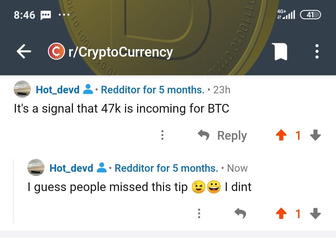 That's my post on reddit 23 hours ago.  Glad to foresee 47k BTC 23 hours back but didn't know it would be so early 😉