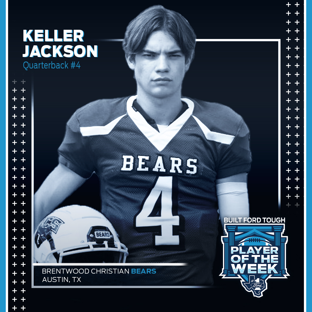 QB <a href="/KellerJackson4/">Keller Jackson</a> led the <a href="/BCSBears/">BrentwoodChristian</a> to win against Hyde Park. He was 13-21 for 301 yrds &amp; made 3 TDs, had 9 carries for 76 yrds, &amp; a TD on the ground. Total he has 701 yrds passing &amp; 8 TDs, 432 yrds rushing &amp; 9 TDs on 42 carries. Keller is the Private School #FordPOTW.

#STXFord